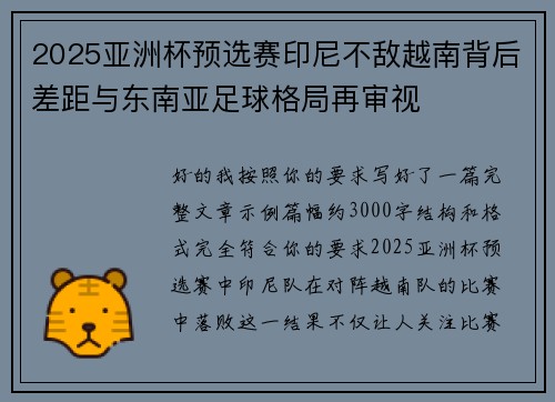 2025亚洲杯预选赛印尼不敌越南背后差距与东南亚足球格局再审视